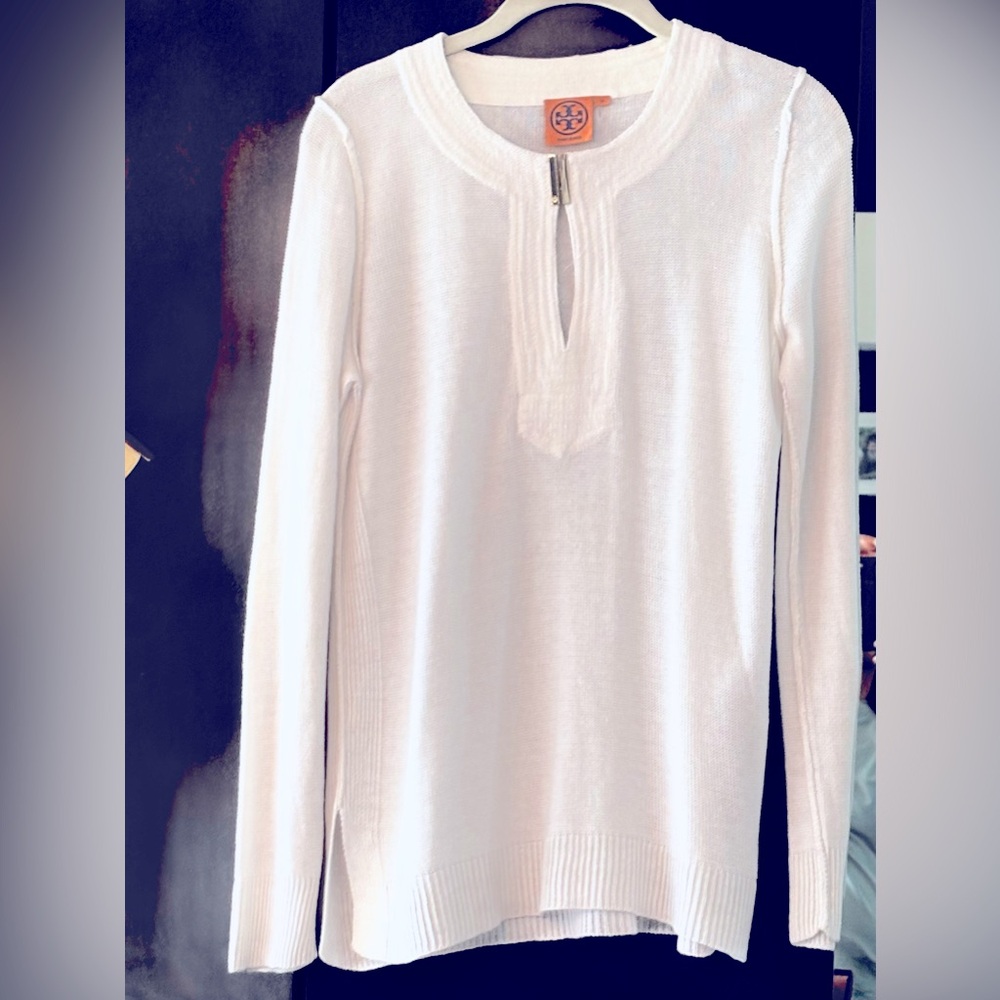 White Tory Burch Tunic Sweater with gold-toned bar clasp